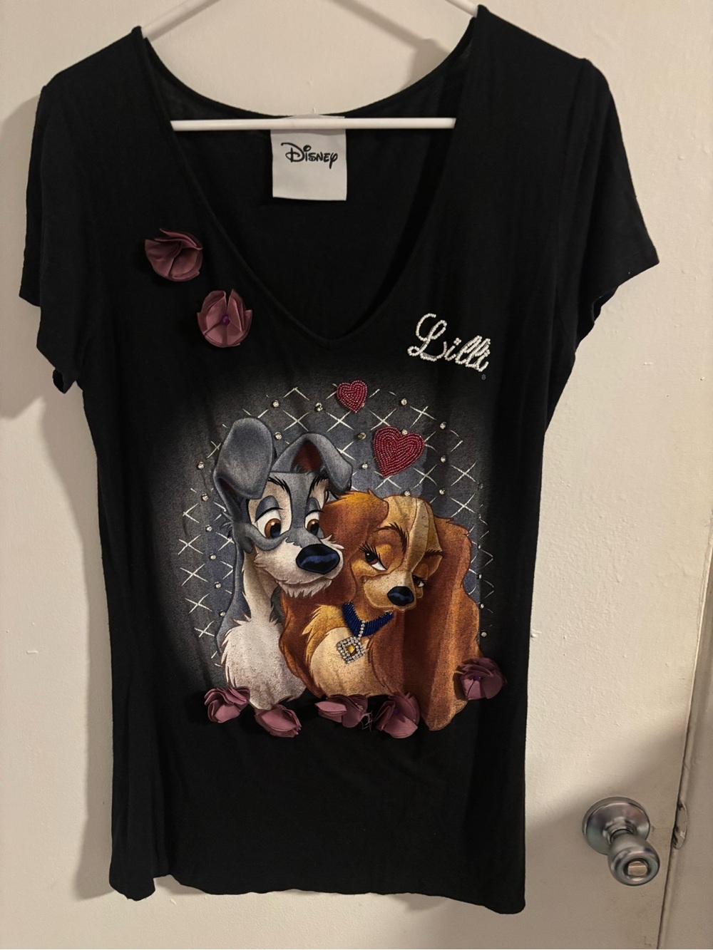 Disney Lady and the Tramp Black Embellished Floral V Neck Top Size L